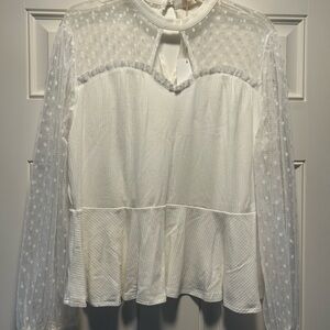 Women's White Sheer Dot Yoke Peplum Blouse
